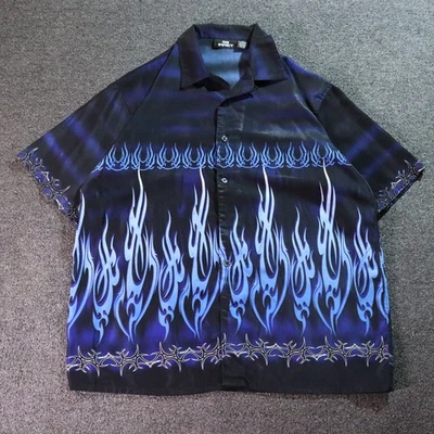 Y2K/2000s CITY IMPACT TRIBAL FLAME AOP BLUE BUTTON UP SHIRT XL - Image 1 of 4