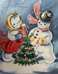 50er MCM Anthro Schneemann Paar Engel Baumspitze "GRÜSSE" Vintage Weihnachtskarte GEBRAUCHT - Bild 1 von 4