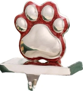 Paw Print Christmas Stocking Hanger Red Glitter Metal Holder - Picture 1 of 3