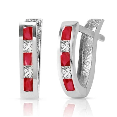 1.26 Carat 14K Solid White Gold Ruby White Topaz Hoop Gemstone Earrings - Image 1 of 4