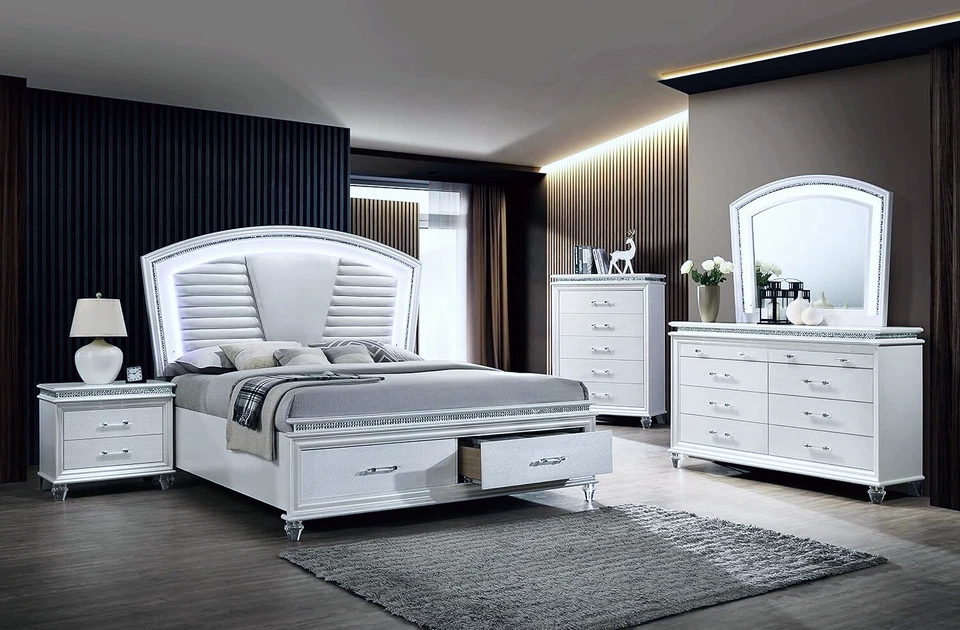 NEW 5PC Modern LED Queen King Bedroom Pearl White Furniture Set Bed/D/M/N/C - Image 1 of 4