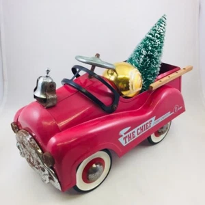 Christmas Decor The Chief Fire Dept. 1 Red Truck w/ Green Bottle Brush Tree Mica - Picture 1 of 10