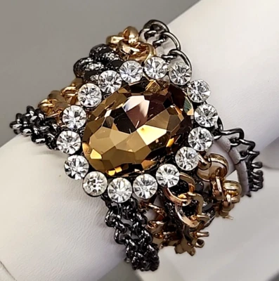 Браслет со стразами многослойные цепи желтое овальное стекло прозрачные стразы 8 дюймов - Изображение 1 из 4