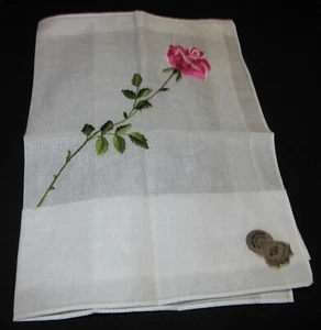 Vintage Hankie Single Pink Rose Embroidered Floral DESCO Switzerland Beauty! - Picture 1 of 4