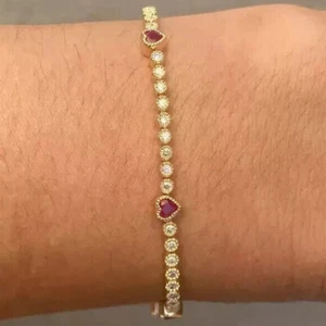 8Ct Lab Created Diamond Tennis Bezel Ruby Heart Bracelet 14K Yellow Gold Finish - Picture 1 of 5