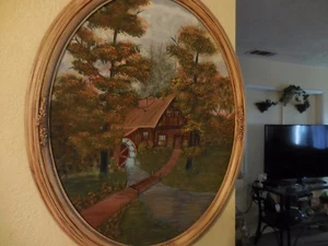 Pintura al óleo de casa de campo con árboles y molino de agua corriente de Bonnie Bishop - Imagen 1 de 12