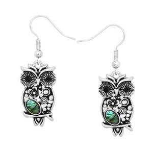 Owl Earrings Abalone Shell Owl Eyes Ocean Feathers Tree Flower SILVER Metal 0477 - Picture 1 of 2