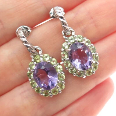 FADI 925 Sterling Silver Real Amethyst & Peridot Dangle Earrings - Image 1 of 4