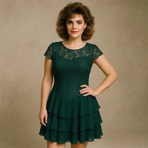 Vintage 80s Late Edition Dark Green Lace Tiered Ruffle Cocktail Dress USA ILGWU - Bild 1 von 11