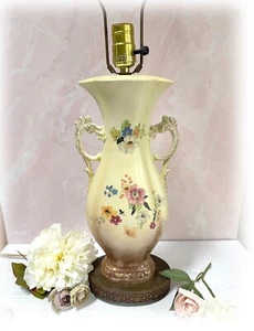 Vintage 1940s Graceful Ceramic & Brass Floral Table Lamp Figural Handles 28" - Picture 1 of 13