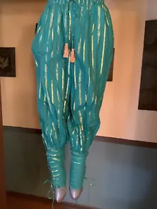 Miguelina Cotton Metallic Gold And Green Harem Style Pants S Tassels Tie Ankle - Picture 1 of 5