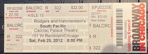 SOUTH PACIFIC FULL UNUSED TICKET 2/25/12 CADILAC PALACE THEATRE CHICAGO, IL - Imagen 1 de 1