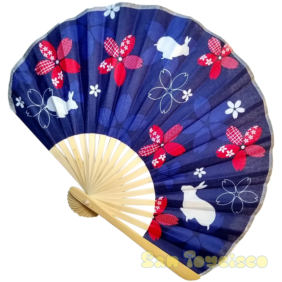 Bamboo Folding Fan Sensu Daiso Japan - Cherry Blossom Rabbit 8.3" Culture Japan