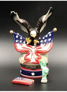 American Bald Eagle Ceramic Trinket Pill Box with Statue of Liberty and Flag - Picture 1 of 8