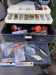 Vintage Old Pal Plastic Fishing Tackle Box With Lures Knife Bobbers Hooks Scale - Picture 1 of 12
