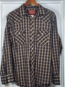 Vtg Rustler Western Pearl Snap Shirt Mens L Plaid Brown Tan Plaid Long Sleeve - Picture 1 of 5