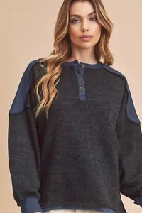 Aemi + Co Sweatshirt Side Slit Button Detail Contrast Shoulder Long Sleeve - Picture 1 of 3