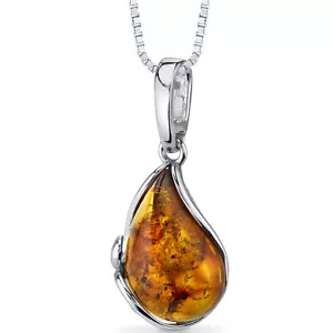"Colgante de plata esterlina de rodio sobre rodio ámbar báltico con lágrimas, 18" - Imagen 1 de 2