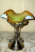 ART NOUVEAU SILVER PLATED CHERUB COMPOTE URANIUM GLASS BRIDES BASKET GLOWING