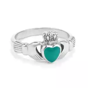 Stainless Steel Irish Claddagh Ring with Green Enamel Heart - Picture 1 of 1