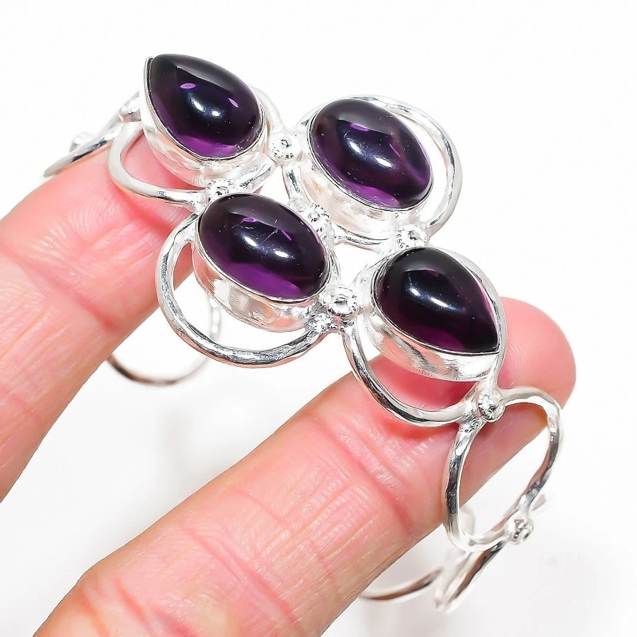 Purple Amethyst Gemstone Handmade 925 Sterling Silver Adjustable Cuff Bracelet - Image 1 of 1