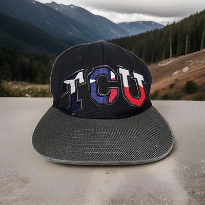 Sombrero céfiro negro ajustado con logotipo de bandera americana de ranas con cuernos TCU 7 3/4 para hombre Foto 1 de 4