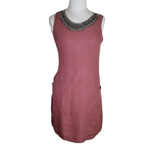 Lina Tomei Linen Sheath Dress Size M Rust Orange Beaded Neckline Made in Italy - Picture 1 of 5