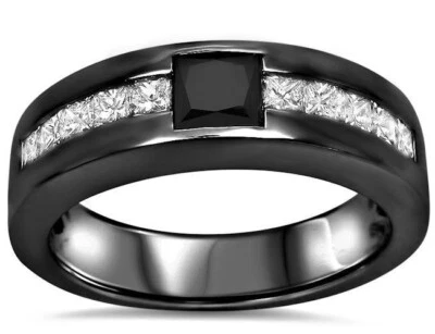 Мужское обручальное кольцо с черным бриллиантом 2 карата Princess Lab Created покрытие черным золотом 14 карат - Изображение 1 из 3