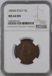 ITALY ITALIA 5 CENTESIMI 1896 R KM # 31 NGC MS 64 BN LOW MINTAGE HIGH GRADE COIN - Picture 1 of 2