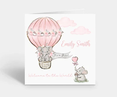 Personalised New Baby Girl Card  It's a Girl Baby Arrival Daughter Cute Elephant - Image 1 of 2