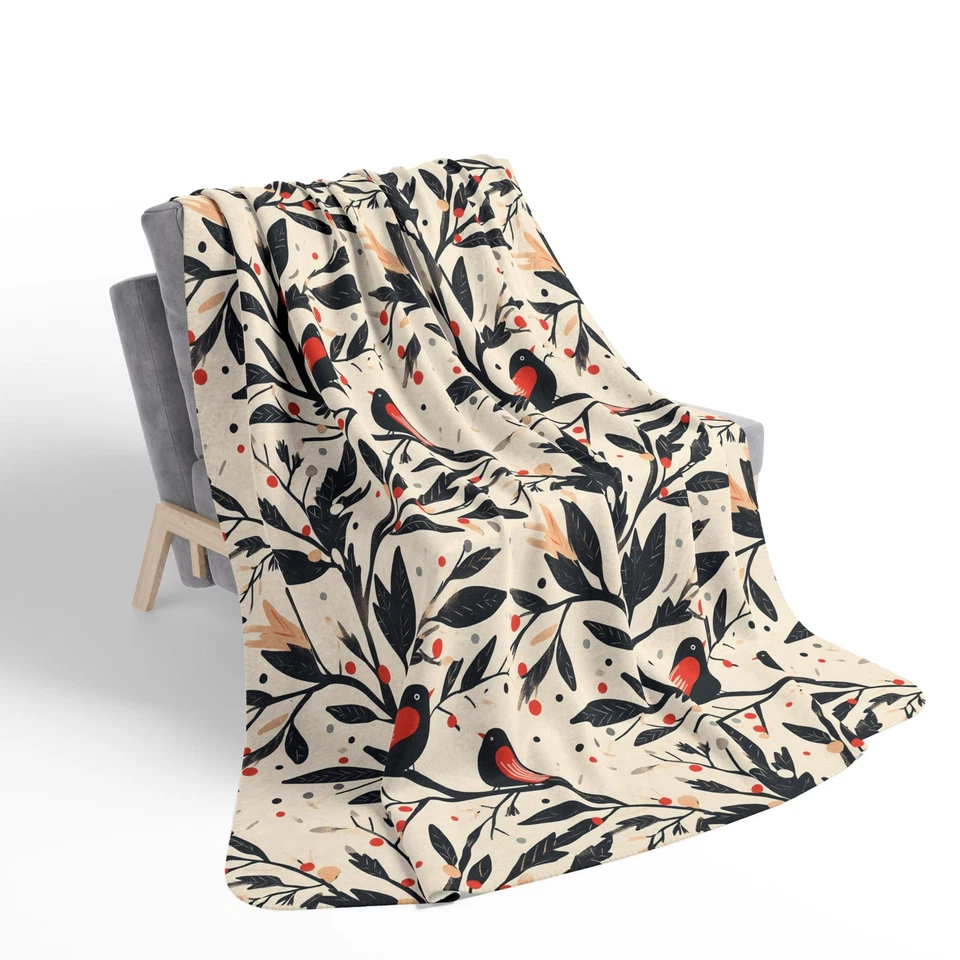 Birds on Branches Pattern, Cozy Fleece Sherpa Blanket, Warm Throw Blanket - Image 1 of 1
