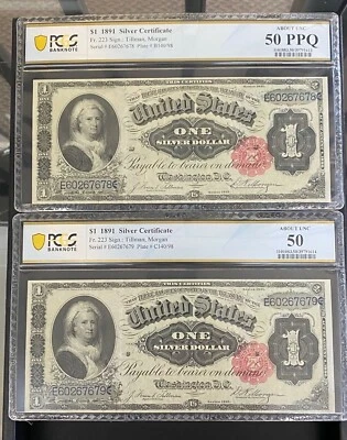 1891 $1 X 2 SILVER CERTIFICATE NOTES IN SEQUENTIAL ORDER, FR#223, PCGS AU-50 PPQ - Image 1 of 4