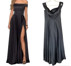La Femme 28978 Off Shoulder A Line Gown Plus Sz 20 Satin Black Slit Prom NEW - Picture 1 of 13