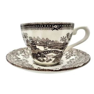 Churchill Cup and Saucer Set White with Brown Landscape and Floral Scene - Picture 1 of 10