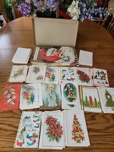 55 Vintage Christmas Card Santa Lid Box w/Cards & Envelopes - Picture 1 of 24