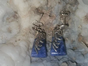 950 Sterling Silver and Lapis Lazuli Stud/ Dangle Earrings with Dog Design - Picture 1 of 4