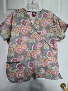 Cassandra O Scrub Top Size XL-Grey/Orange Floral-Chest 24"/L 28.5" - Picture 1 of 5