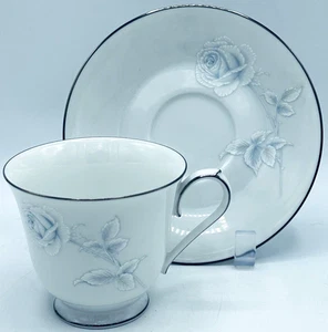 Noritake Japan Virtue Pattern Platinum Edge White & Blue 2934 Tea Cup and Saucer - Picture 1 of 11