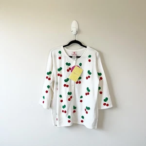 Vintage Quacker Factory Cherry Print Cardigan Sweater White Kitschy Large NWT’s - Picture 1 of 12