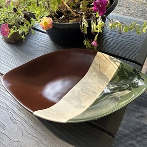 ELITA GREEN WHITE STRIPE BROWN Oval Decorative Bowl Ceramic Pottery - Picture 1 of 8