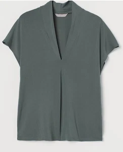 H&M Women’s Gray~Green V Neck Short Cap Sleeves Stand Up Collar With Gathers Top - Picture 1 of 4