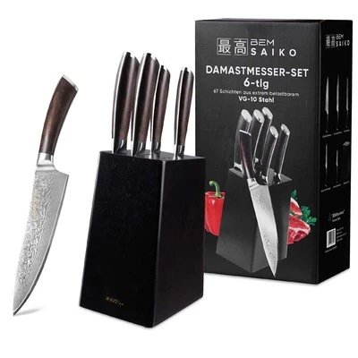 Kaufbei BEM Saiko Japanisches Damastmesser Set 6tlg aus VG-10 Stahl mit Block - Bild 1 von 4