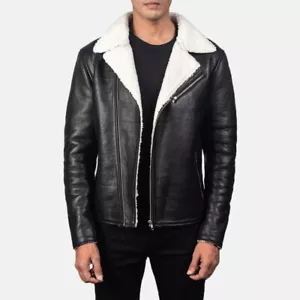 New Men's White Shearling Black Biker Leather Jacket Pure Leather Size Small - Picture 1 of 2