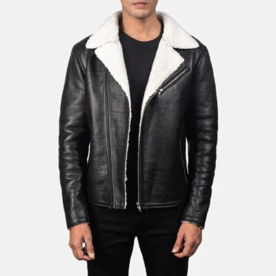 Nueva chaqueta de cuero de motociclista negra de piel de oveja blanca para hombre de cuero puro talla pequeña Foto 1 de 2