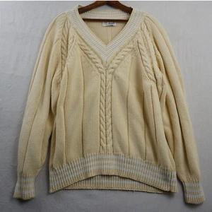 Pringle Scotland Sweater L Yellow Striped Trim Cable Knit V-Neck 100% Cotton - Picture 1 of 7