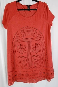 H&M Womens Medium Red Orange Shift Dress Laser Cut Medallion Bohemian Faux Suede - Picture 1 of 8