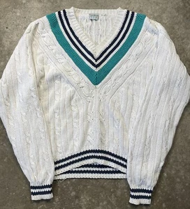 Vintage 90's Cable Knit Varsity Sweater White Blue Stripes S-M Preppy - Picture 1 of 7