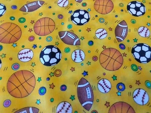 Sports Balls Yellow Cotton Fabric 4 Yards 144x45 Boy Baby Quilt Shop Cranston - Picture 1 of 5