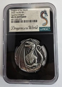 2023 Fiji Egyptian Dragon 1 oz .999 Silver Antiqued Coin NGC MS70 W/ COA Perfect - Picture 1 of 16