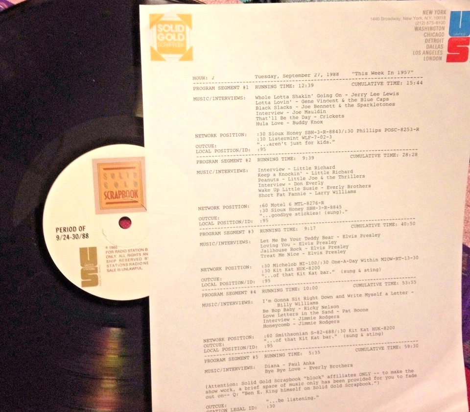 9/27/88 SOLID GOLD SCRAPBOOK SALUTES TOP HITS THIS WK 1957, ELVIS, RICKY, PAT - Image 1 of 1